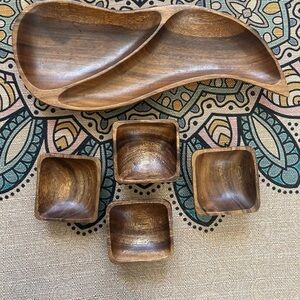 Handcrafted Wooden Serving Tray and Bowls Set - Brown 4 appetizer dishes